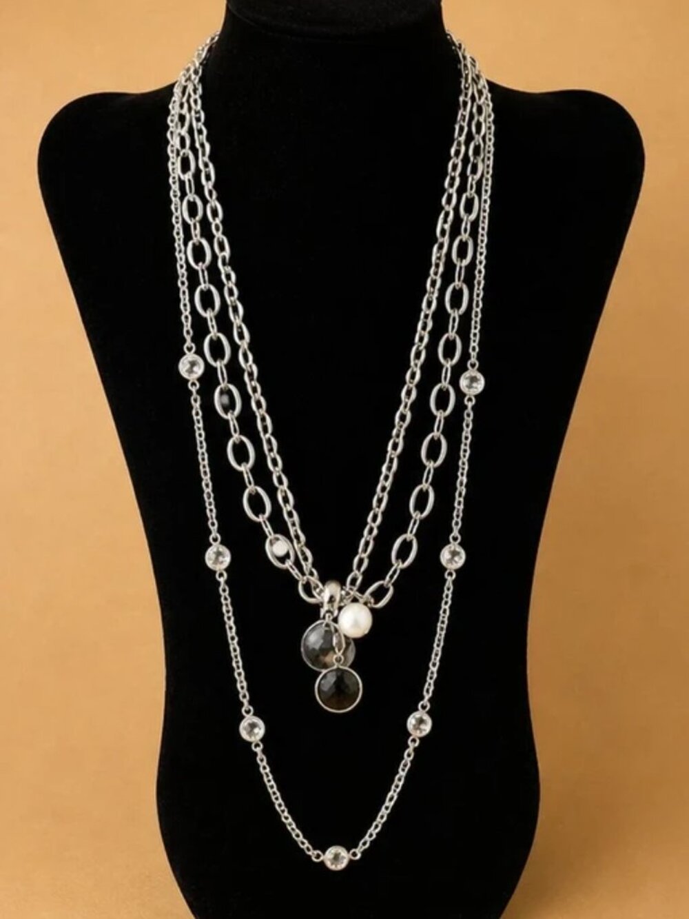 Chico’s Silver Layered Necklace & Beaded Bracelet Set Black White Statement